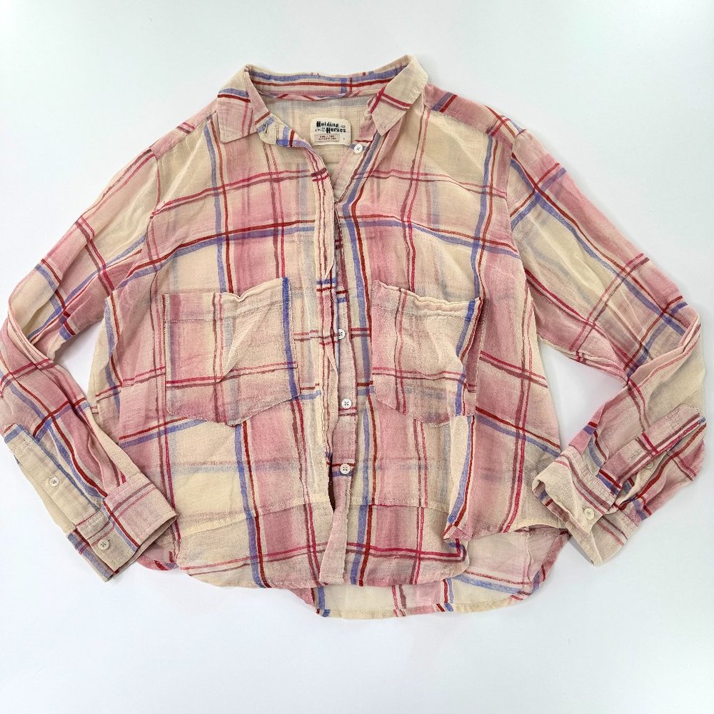 Holding Horses Womens S Cream Pink Blouse Long Sleeve Button Up Plaid Woven